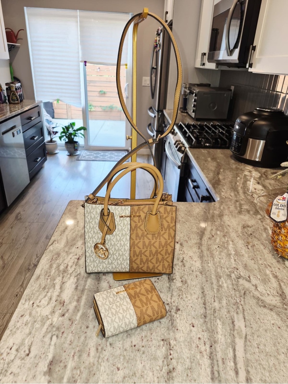 Michael Kors Two-Tone Logo Satchel and Wallet in Beige and Cream